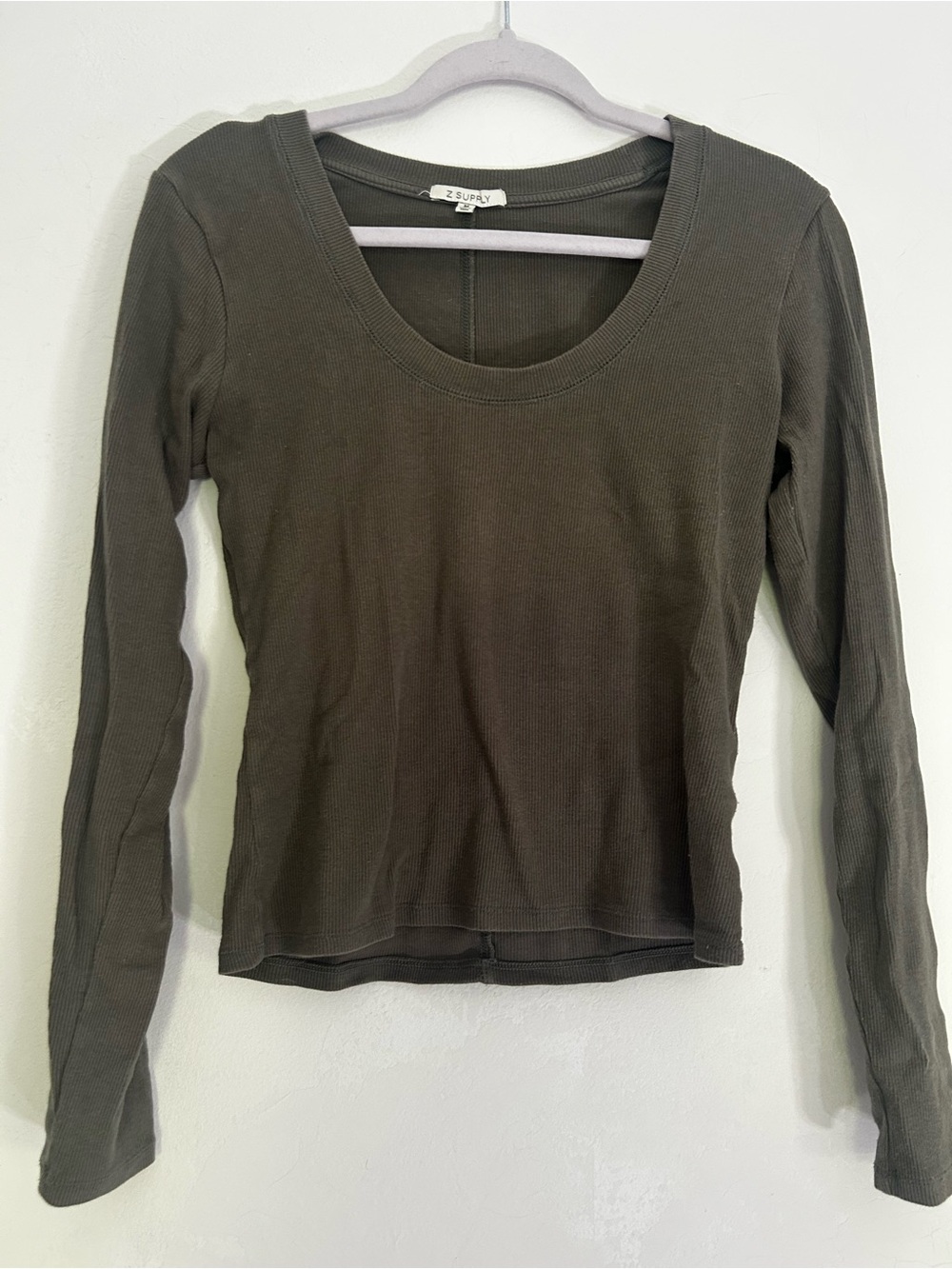 Z Supply Olive Ribbed Long Sleeve Scoop Neck Tee